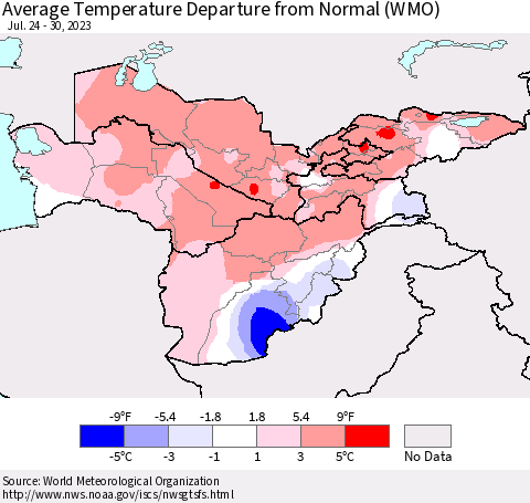 Central Asia Average Temperature Departure from Normal (WMO) Thematic Map For 7/24/2023 - 7/30/2023