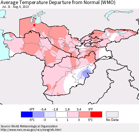 Central Asia Average Temperature Departure from Normal (WMO) Thematic Map For 7/31/2023 - 8/6/2023