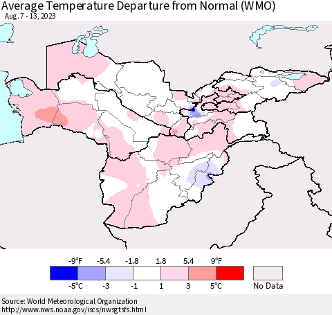 Central Asia Average Temperature Departure from Normal (WMO) Thematic Map For 8/7/2023 - 8/13/2023