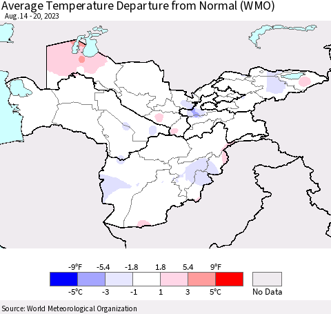 Central Asia Average Temperature Departure from Normal (WMO) Thematic Map For 8/14/2023 - 8/20/2023