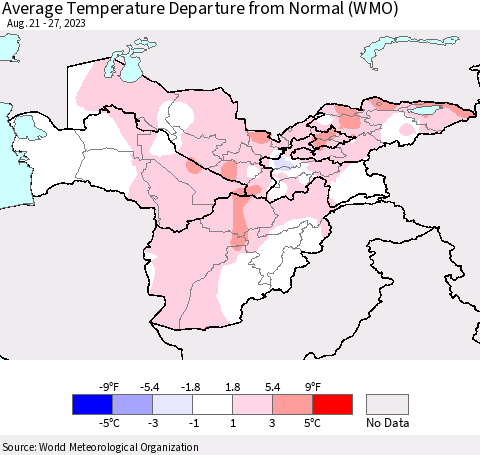 Central Asia Average Temperature Departure from Normal (WMO) Thematic Map For 8/21/2023 - 8/27/2023