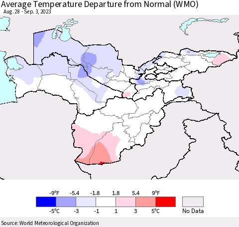 Central Asia Average Temperature Departure from Normal (WMO) Thematic Map For 8/28/2023 - 9/3/2023