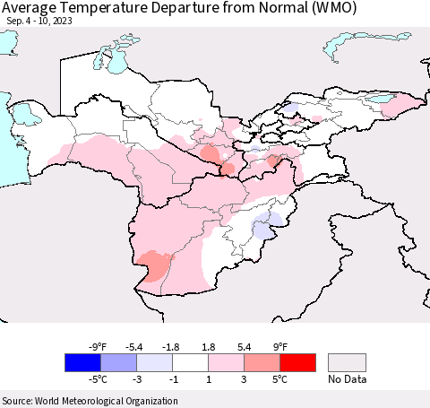 Central Asia Average Temperature Departure from Normal (WMO) Thematic Map For 9/4/2023 - 9/10/2023