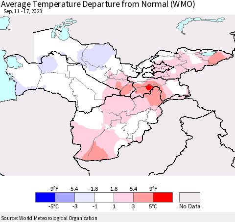 Central Asia Average Temperature Departure from Normal (WMO) Thematic Map For 9/11/2023 - 9/17/2023