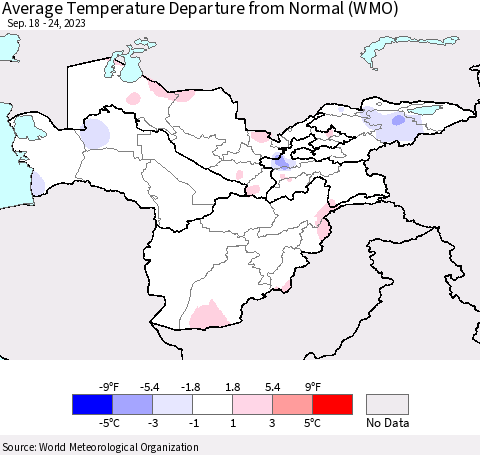 Central Asia Average Temperature Departure from Normal (WMO) Thematic Map For 9/18/2023 - 9/24/2023