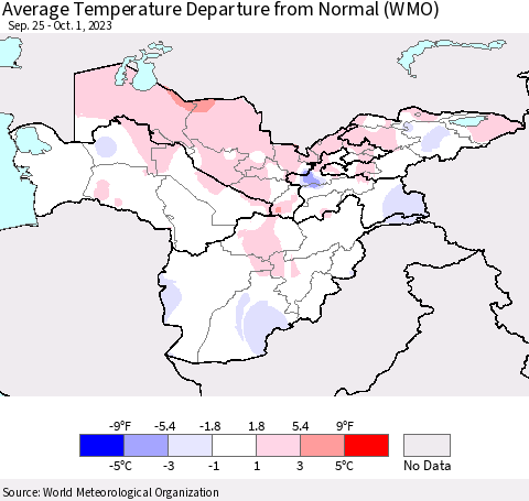 Central Asia Average Temperature Departure from Normal (WMO) Thematic Map For 9/25/2023 - 10/1/2023