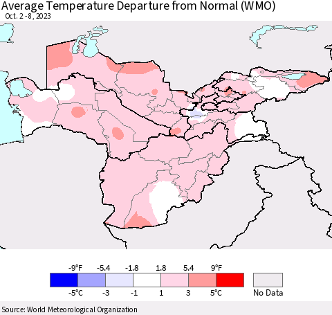 Central Asia Average Temperature Departure from Normal (WMO) Thematic Map For 10/2/2023 - 10/8/2023