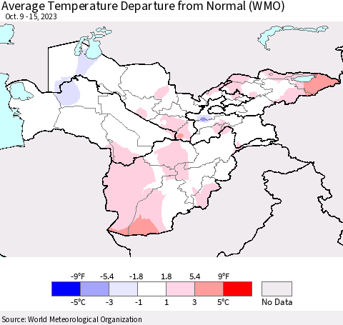 Central Asia Average Temperature Departure from Normal (WMO) Thematic Map For 10/9/2023 - 10/15/2023