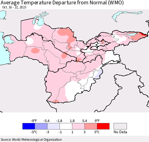 Central Asia Average Temperature Departure from Normal (WMO) Thematic Map For 10/16/2023 - 10/22/2023