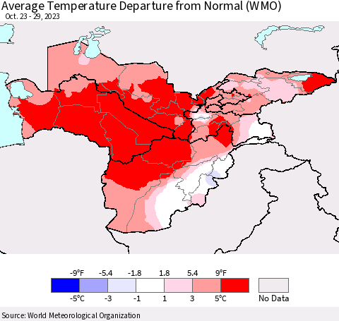 Central Asia Average Temperature Departure from Normal (WMO) Thematic Map For 10/23/2023 - 10/29/2023