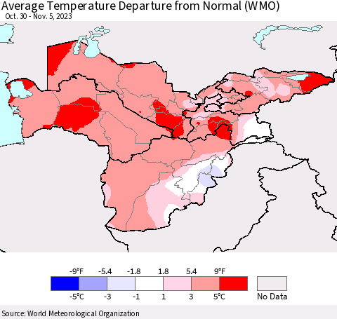 Central Asia Average Temperature Departure from Normal (WMO) Thematic Map For 10/30/2023 - 11/5/2023