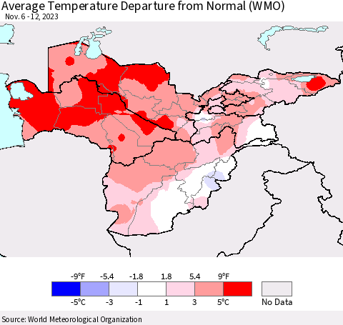 Central Asia Average Temperature Departure from Normal (WMO) Thematic Map For 11/6/2023 - 11/12/2023