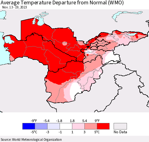 Central Asia Average Temperature Departure from Normal (WMO) Thematic Map For 11/13/2023 - 11/19/2023
