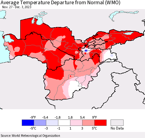 Central Asia Average Temperature Departure from Normal (WMO) Thematic Map For 11/27/2023 - 12/3/2023