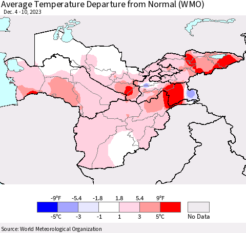 Central Asia Average Temperature Departure from Normal (WMO) Thematic Map For 12/4/2023 - 12/10/2023