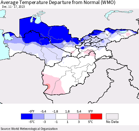 Central Asia Average Temperature Departure from Normal (WMO) Thematic Map For 12/11/2023 - 12/17/2023