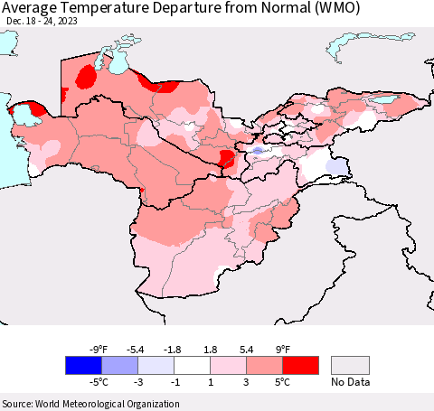 Central Asia Average Temperature Departure from Normal (WMO) Thematic Map For 12/18/2023 - 12/24/2023