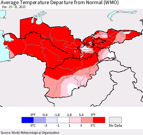 Central Asia Average Temperature Departure from Normal (WMO) Thematic Map For 12/25/2023 - 12/31/2023