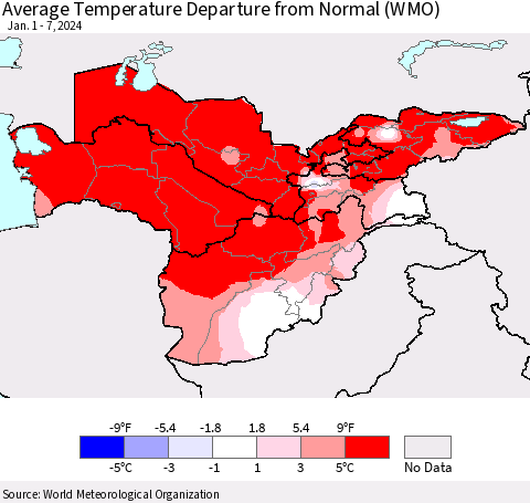 Central Asia Average Temperature Departure from Normal (WMO) Thematic Map For 1/1/2024 - 1/7/2024