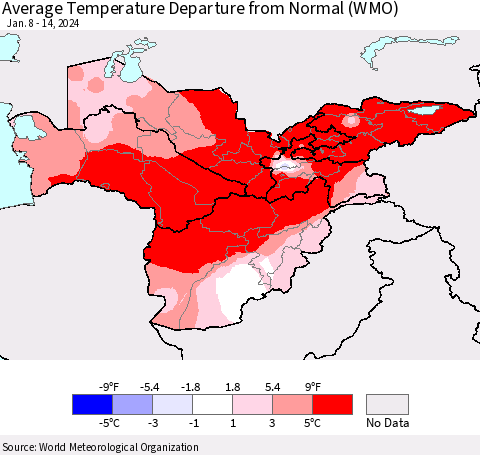 Central Asia Average Temperature Departure from Normal (WMO) Thematic Map For 1/8/2024 - 1/14/2024