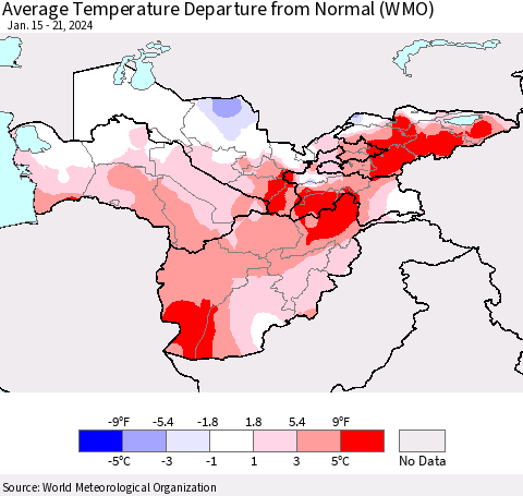 Central Asia Average Temperature Departure from Normal (WMO) Thematic Map For 1/15/2024 - 1/21/2024