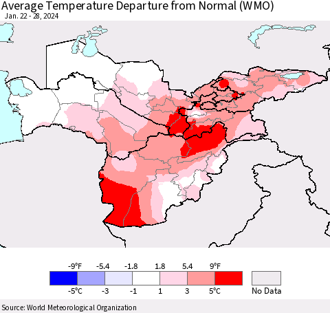 Central Asia Average Temperature Departure from Normal (WMO) Thematic Map For 1/22/2024 - 1/28/2024