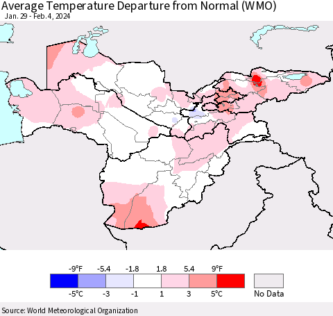 Central Asia Average Temperature Departure from Normal (WMO) Thematic Map For 1/29/2024 - 2/4/2024