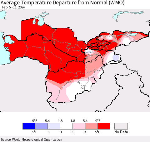 Central Asia Average Temperature Departure from Normal (WMO) Thematic Map For 2/5/2024 - 2/11/2024