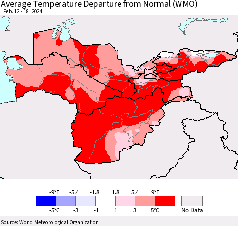 Central Asia Average Temperature Departure from Normal (WMO) Thematic Map For 2/12/2024 - 2/18/2024