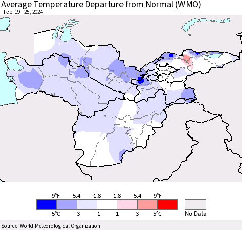Central Asia Average Temperature Departure from Normal (WMO) Thematic Map For 2/19/2024 - 2/25/2024