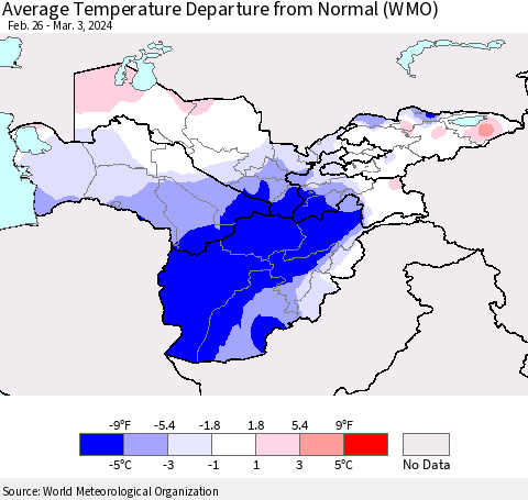 Central Asia Average Temperature Departure from Normal (WMO) Thematic Map For 2/26/2024 - 3/3/2024