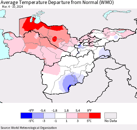 Central Asia Average Temperature Departure from Normal (WMO) Thematic Map For 3/4/2024 - 3/10/2024