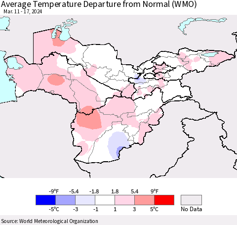 Central Asia Average Temperature Departure from Normal (WMO) Thematic Map For 3/11/2024 - 3/17/2024
