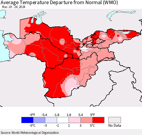 Central Asia Average Temperature Departure from Normal (WMO) Thematic Map For 3/18/2024 - 3/24/2024