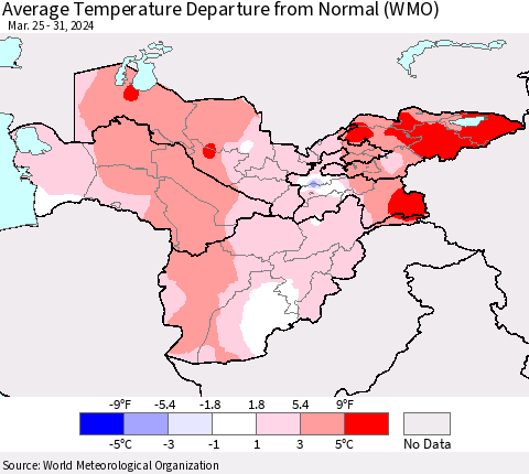 Central Asia Average Temperature Departure from Normal (WMO) Thematic Map For 3/25/2024 - 3/31/2024