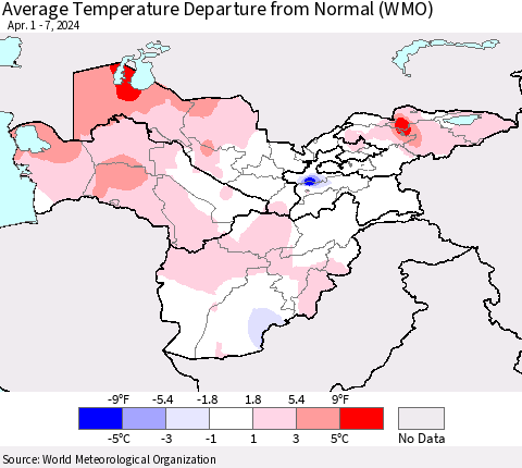 Central Asia Average Temperature Departure from Normal (WMO) Thematic Map For 4/1/2024 - 4/7/2024