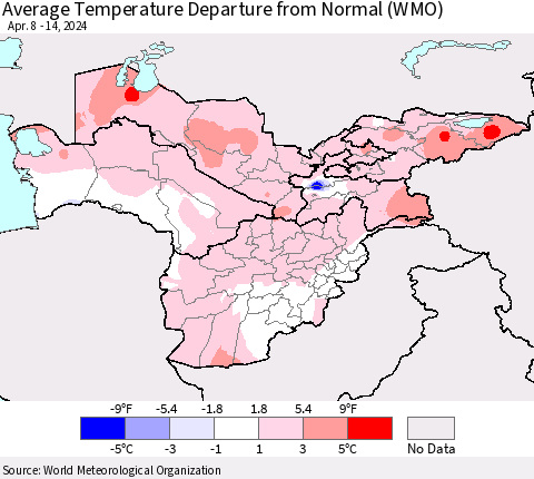 Central Asia Average Temperature Departure from Normal (WMO) Thematic Map For 4/8/2024 - 4/14/2024