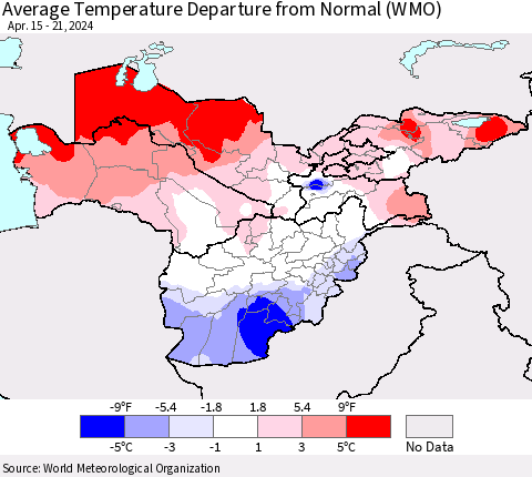Central Asia Average Temperature Departure from Normal (WMO) Thematic Map For 4/15/2024 - 4/21/2024