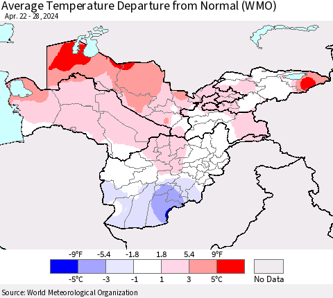 Central Asia Average Temperature Departure from Normal (WMO) Thematic Map For 4/22/2024 - 4/28/2024