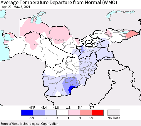 Central Asia Average Temperature Departure from Normal (WMO) Thematic Map For 4/29/2024 - 5/5/2024