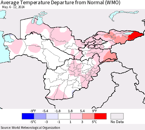 Central Asia Average Temperature Departure from Normal (WMO) Thematic Map For 5/6/2024 - 5/12/2024