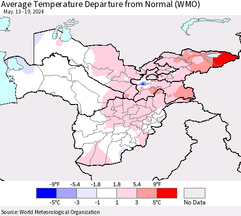 Central Asia Average Temperature Departure from Normal (WMO) Thematic Map For 5/13/2024 - 5/19/2024