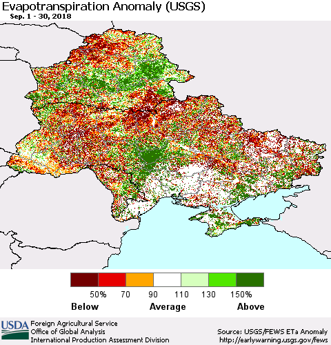 Ukraine, Moldova and Belarus Monthly Actual Evapotranspiration Anomaly (USGS) Thematic Map For 9/1/2018 - 9/30/2018