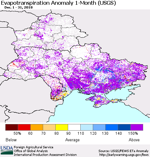 Ukraine, Moldova and Belarus Monthly Actual Evapotranspiration Anomaly (USGS) Thematic Map For 12/1/2018 - 12/31/2018