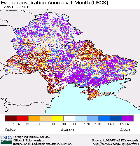 Ukraine, Moldova and Belarus Monthly Actual Evapotranspiration Anomaly (USGS) Thematic Map For 4/1/2019 - 4/30/2019