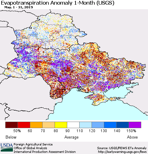 Ukraine, Moldova and Belarus Monthly Actual Evapotranspiration Anomaly (USGS) Thematic Map For 5/1/2019 - 5/31/2019
