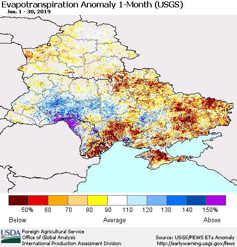 Ukraine, Moldova and Belarus Monthly Actual Evapotranspiration Anomaly (USGS) Thematic Map For 6/1/2019 - 6/30/2019