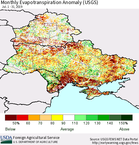 Ukraine, Moldova and Belarus Monthly Actual Evapotranspiration Anomaly (USGS) Thematic Map For 7/1/2019 - 7/31/2019