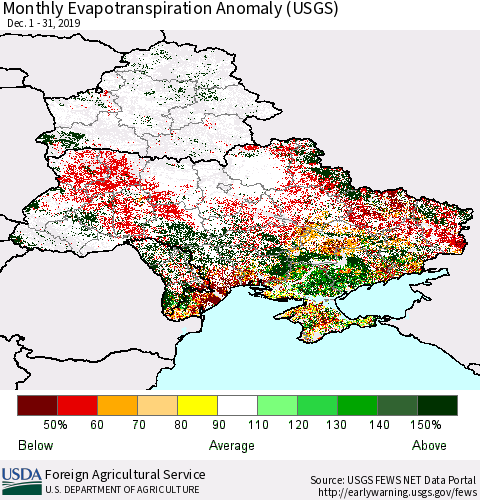 Ukraine, Moldova and Belarus Monthly Actual Evapotranspiration Anomaly (USGS) Thematic Map For 12/1/2019 - 12/31/2019