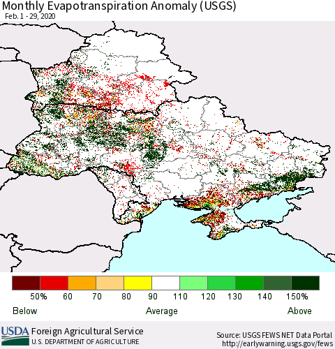 Ukraine, Moldova and Belarus Monthly Actual Evapotranspiration Anomaly (USGS) Thematic Map For 2/1/2020 - 2/29/2020
